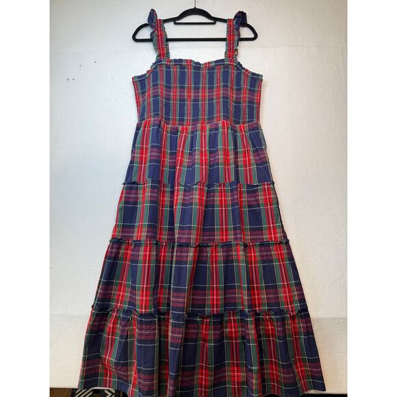 J.Crew Factory Navy Plaid Smocked Tiered Midi Dress, Size XL - Picture 2 of 8